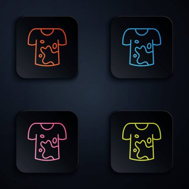 Color neon line Dirty t-shirt icon isolated on black background. Set icons in square buttons. Vector