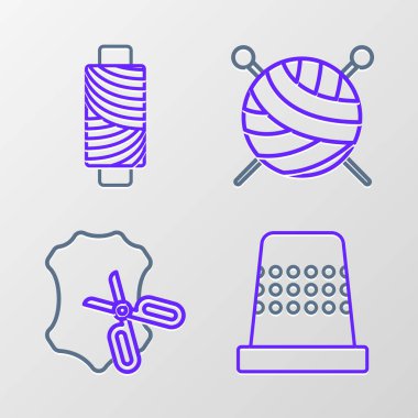 Dikiş, makas ve deri için Thimble 'ı örgü iğneli iplik topu ve makara simgesine iplik dikmek için ayarla. Vektör