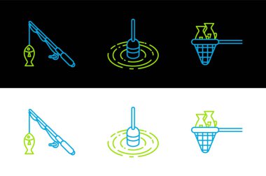 Balık, olta ve yüzen su ikonu ile olta ağı kur. Vektör