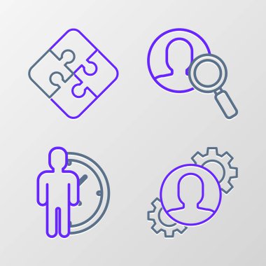 İçinde ekipman olan insan hattı, Zaman Yönetimi, arama yapan insanlar için büyüteç ve yapboz simgesi. Vektör