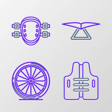 Çizgili can yeleği, bisiklet tekerleği, planör ve dizlik ikonu. Vektör