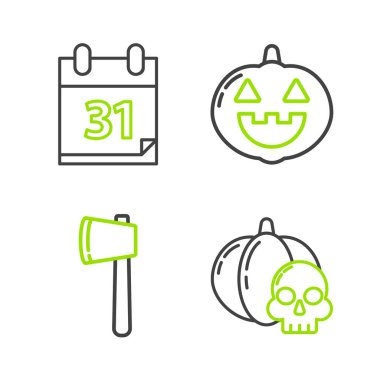 Balkabağı ve kafatası, tahta balta ve Cadılar Bayramı 'nın 31 Ekim tarihli takvimi. Vektör