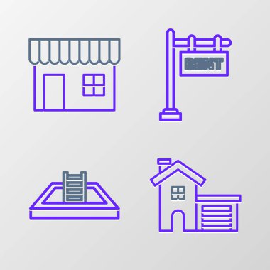 Set House, merdivenli yüzme havuzu, yazı asma Rent and Shopping binası ya da market ikonu. Vektör