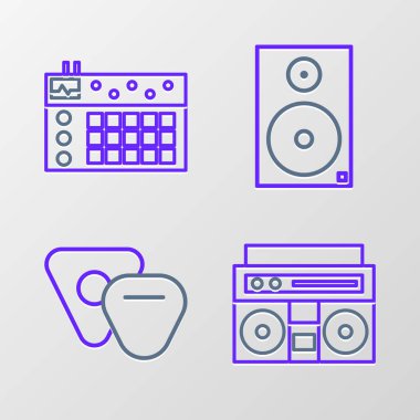 Hat ev müzik setini iki hoparlörlü, gitar penalı, Stereo ve Drum Machine ikonlu ayarla. Vektör