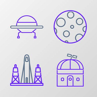 Set line Astronomical observatory, Rocket launch from the spaceport, Moon and UFO flying spaceship icon. Vector clipart
