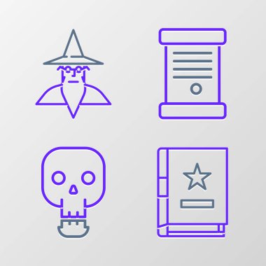 Set line Ancient magic book, Skull, Decree, paper, parchment, scroll and Wizard warlock icon. Vector clipart