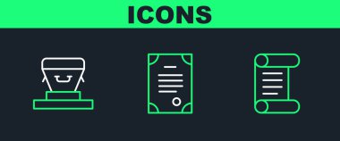 Set line Decree, parchment, scroll, Coffin and Death certificate icon. Vector clipart