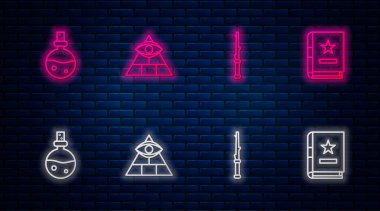 Masonlar, sihirli değnek, aşk iksiri şişesi ve Eskiler 'in sihirli kitabı. Tuğla duvarda parlayan neon simgesi. Vektör.