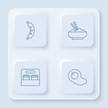 Sabit hat Hotdog, yemek çubuğuyla kase içinde pirinç, paket kahve fincanı ve çırpılmış yumurta. Beyaz kare düğme. Vektör