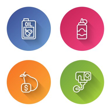 Bir şişe zeytinyağı, sos şişesi, armut etiketi ve güvenlik kamerası. Renkli daire düğmesi. Vektör