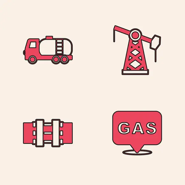 stock vector Set Location and gas station, Tanker truck, Oil pump or pump jack and Metallic pipes valve icon. Vector