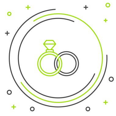 Çizgi Alyansı simgesi beyaz arkaplanda izole edildi. Gelin ve damat mücevher tabelası. Evlilik sembolü. Elmas yüzük. Renkli taslak konsepti. Vektör.