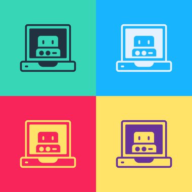 Pop sanatının renkli arkaplanda izole edilmiş robot simgesi oluşturması. Yapay zeka, makine öğrenme, bulut hesaplama. Vektör.