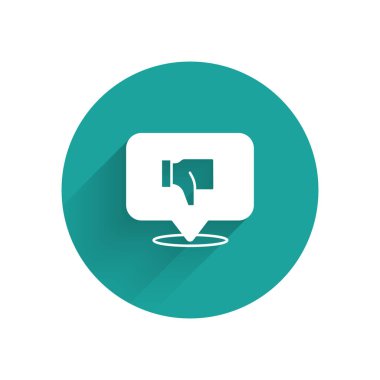 Konuşma baloncuğu ikonunda uzun gölgeli beyaz sevmeme. Yeşil daire düğmesi. Vektör.