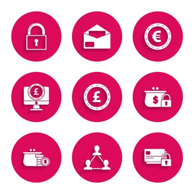 Para yerine sterlin sembolü, proje ekibi üssü, kredi kartı kilidi, kapalı cüzdan, cüzdan, bilgisayar monitörü, avro ve kilit simgesi koyun. Vektör
