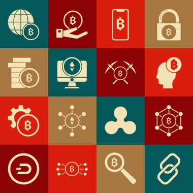 Zincir bağlantısını ayarla, Blockchain teknolojisi Bitcoin, think, phone mobile and cryptocurrency, Monitor Cryptocurrency Ethereum ETH, Globe and Croskaxe simgesi. Vektör