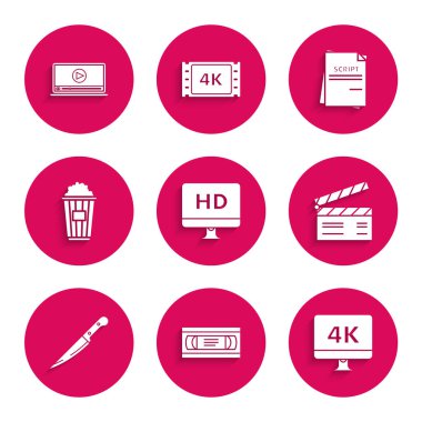 Bilgisayar PC monitörünü HD video teknolojisi VHS kaset kaseti 4k Film çırpıcı Bıçak Patlamış Mısırı karton kutu senaryosu ve çevrimiçi oyun ikonu ile ayarla. Vektör.