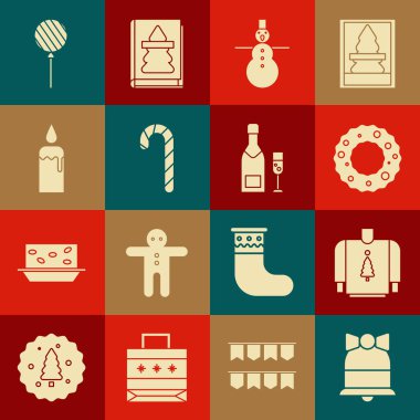 Mutlu Noeller çanı, süveter, çelenk, kardan adam, çizgili şeker, yanan mum şamdanı, lolipop ve şampanya şişesi ikonu. Vektör