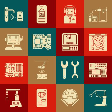 Endüstriyel robot kol fabrikası, küresel teknoloji sosyal ağı, İşçi, Robot, dijital kapı kilidini kilidi aç ve 3D yazıcı simgesi kullan. Vektör