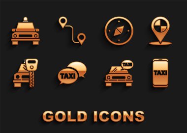 Taksi çağırma servisini, taksi, araba, araba kiralama, pusula ve güzergah ikonlu harita işaretçisini ayarla. Vektör