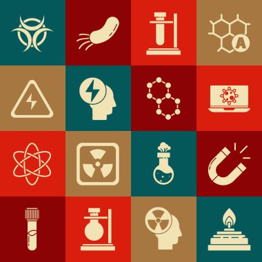 Alkol veya ruh yakıcı, mıknatıs, bakteri, dizüstü bilgisayar, test tüpü standı, baş elektrik sembolü, yüksek voltaj işareti, biyolojik tehlike ve molekül ikonu. Vektör