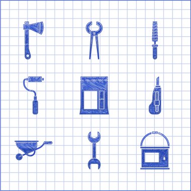 Çimento çantası, İngiliz anahtarı, boya kovası, kırtasiye bıçağı, el arabası, tekerlekli fırça, tahta ve tahta balta ikonu için keski aleti. Vektör