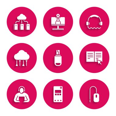 USB flaş bellek, cep telefonu, bilgisayar faresi, çevrimiçi kitap, öğrenci, ağ bulut bağlantısı, kulaklık ve Cloud çevrimiçi kütüphane simgesini ayarlayın. Vektör