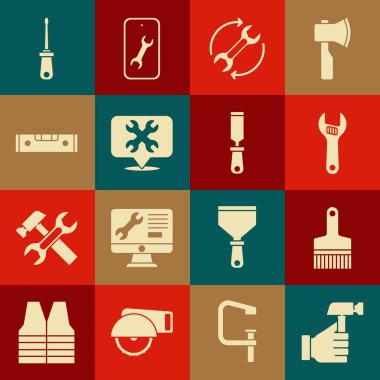 Hammer, Paint fırçası, ayarlanabilir anahtar, Wrench ve okları iş akışı, konum, inşaat kabarcığı seviyesi, tornavida ve Rasp metal dosya simgesi olarak ayarla. Vektör