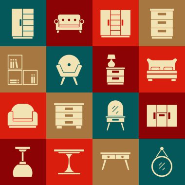 Ayna, Gardırop, Büyük yatak, Kol Sandalyesi, Kitaplı raf, ve mobilya komodininin ikonu. Vektör
