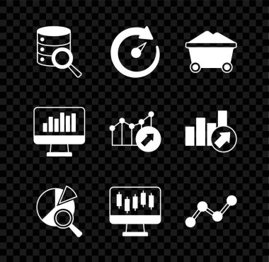 Sunucu, Dijital hız ölçer, Kömür madeni tramvayı, Arama veri analizi, hisse senedi pazar büyüme grafikleri, grafik bilgisi, İzleyici ve Finansal simge. Vektör