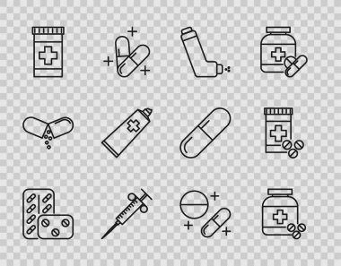 Çizgi hapları su toplayan paketlere, ilaç şişelerine ve haplara, astım spreyine, şırıngaya, merhem kremine ya da tablet ve ikona koyun. Vektör