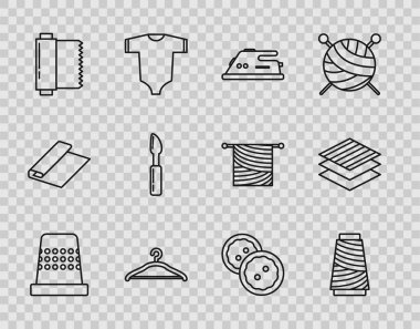 Dikiş için Thimble, dikiş ipliği, elektrikli ütü, askı dolabı, tekstil kumaş rulosu, kesme aleti, düğme giysisi ve ikon. Vektör