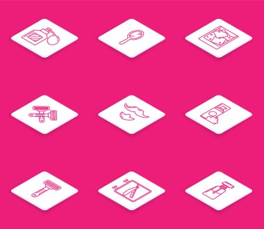 Tıraş losyonu, el aynası, bir bardak buzlu viski, traş bıçağı, bıyık sakalı, tıraş köpüğü ve ikonlu berber dükkanı. Vektör