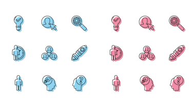 Takım elbiseli adam kullanıcısı, ampullü insan kafası, ışık ve kontrol işareti, soru, Proje ekibi üssü, Roket gemisi ateşi, Zaman Yönetimi ve ikon. Vektör