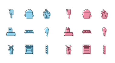 Windmill, Oven, Kitchen fırçası, Fransız baget ekmeği, Elektronik teraziler, Pasta Dekorasyon Kekleri, Pullar ve Fırın hamur ikonu. Vektör