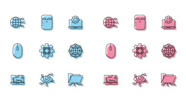 Dizüstü bilgisayar, sanal gerçeklik, küresel teknoloji veya sosyal ağ, Dizin ve kilit, İşlemci, Bilgisayar faresi ve Hava kulaklıklarını kutu simgesine yerleştir. Vektör