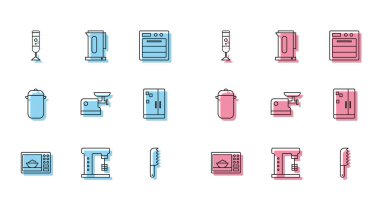 Hattı ayarla, mikrodalga fırın, elektrikli mikser, blender, ekmek bıçağı, mutfak kıyma makinesi, buzdolabı, tencere ve ikonlu kettle. Vektör