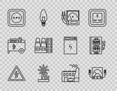Hat yüksek gerilim levhası, ampere ölçer, multimetre, voltmetre, rüzgar türbini, elektrik prizi, elektrik santrali ve fabrika, kömür enerjisi ve panel ikonu ayarlayın. Vektör