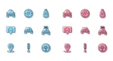 Taksi, trafik ışığı, taksi, direksiyon, araba ve pusula ikonlu harita işaretleyicisini ayarlayın. Vektör