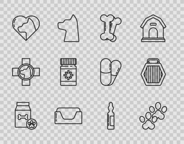 Evcil hayvan, pati izi, köpek kemiği, evcil hayvan yatağı kedili kalp, ilaç şişesi ve haplar, evcil hayvan şişesi tıbbi malzeme ve çanta ikonu. Vektör