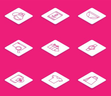 Parfüm, kağıt çek ve mali çek, iç çamaşırı, arama tarayıcı penceresi, hediye kutusu, bilek saati, indirimli telefon ve tişört ikonu. Vektör