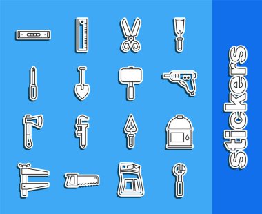 Hat ayarlanabilir anahtarı, boya kovası, elektrikli tutkal tabancası, makas, kürek, tornavida, inşaat balonu seviyesi ve balyoz simgesi. Vektör