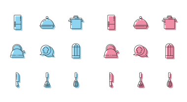 Sıraya girin Bıçak, Spatula, Buzdolabı, Mutfak çırpıcı, Konuşma balonunda Şef şapkası, Tutacağı olan Tuz, Kettle ve yiyecek ikonu tepsisi. Vektör