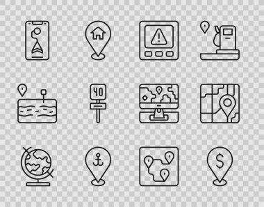 Hat Dünya küresi, Cash konumu, GPS aygıtı hatası, çapalı konum, şehir haritası navigasyonu, yol trafik işareti, rota ve simge. Vektör