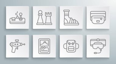 Ray silahı, satranç, kart oyunu, okul çantası, sanal gerçeklik gözlükleri çoraplı terlikler, muz torbası ve oyun hamuru ikonu. Vektör