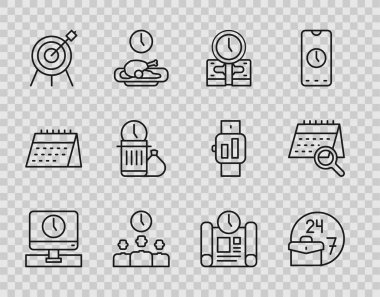 Satır İzleme Zamanı, Her Zaman Meşgul, Zaman Para, Yönetim, Hedef Spor, Atık, Proje Planı ve Takvim Arama simgesi. Vektör