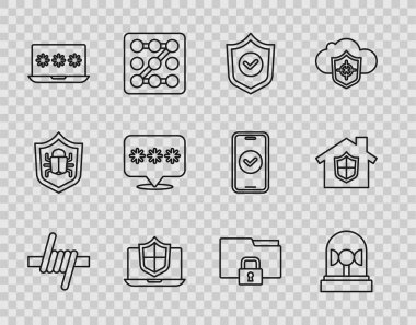Dikenli tel, Flasher siren, işaretli kalkan, dizüstü bilgisayar korumalı kalkan, şifre, şifre koruması, Dizin ve kilit ve House 'u simge altında ayarla. Vektör