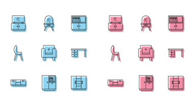 Mobilya sehpası, gardırop, TV masası, Kol sandalyesi, ofis masası ve giysi ikonu. Vektör