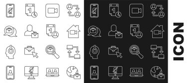 Çevrimiçi çevrimiçi, Ev Kapalı Video kamera, Kamera, Freelancer, Cep telefonu ve Zaman Yönetimi simgesinde Dilsiz mikrofon. Vektör