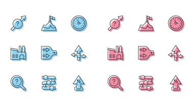 Bilinmeyen arama, grafik, diyagram, ok, yüzde yüz yukarı ok, bayrak simgesi olan fabrika ve dağları ayarlayın. Vektör